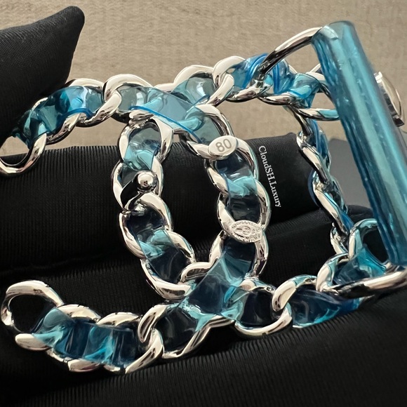 Authentic Chanel CC Logo Runway Blue PVC Belt  Sz.80 - New - Picture 6 of 10